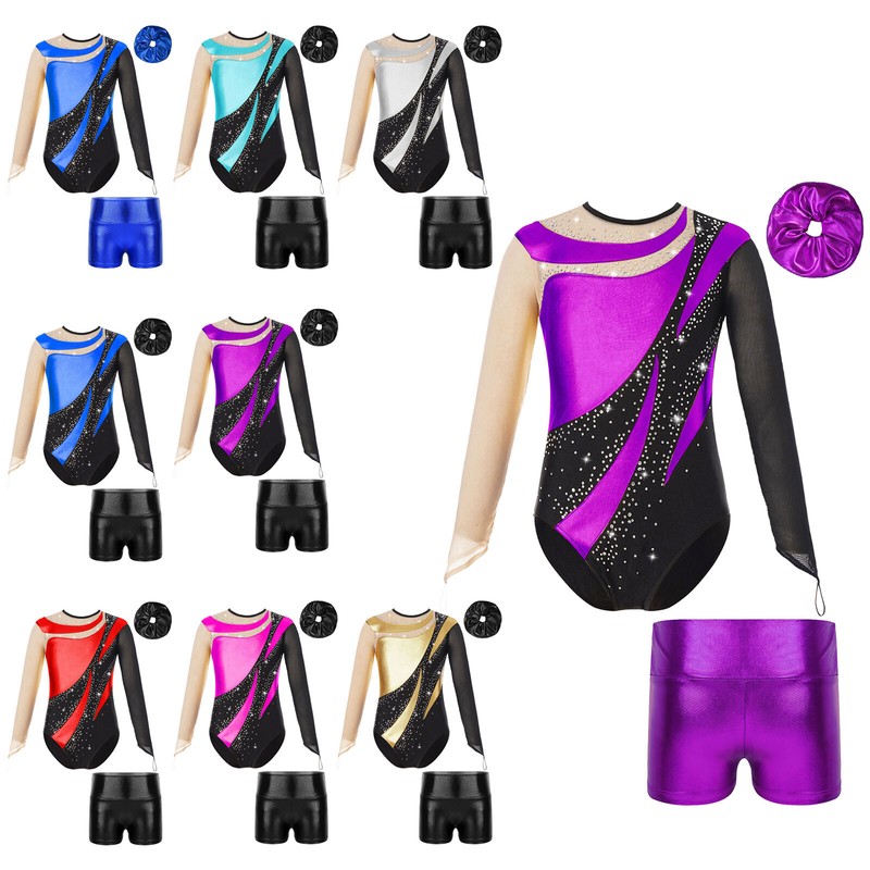 Completo Ginnastica Per Ragazze Con Glitter, Maniche Lunghe E Pantaloncini, Taglia 14 Anni