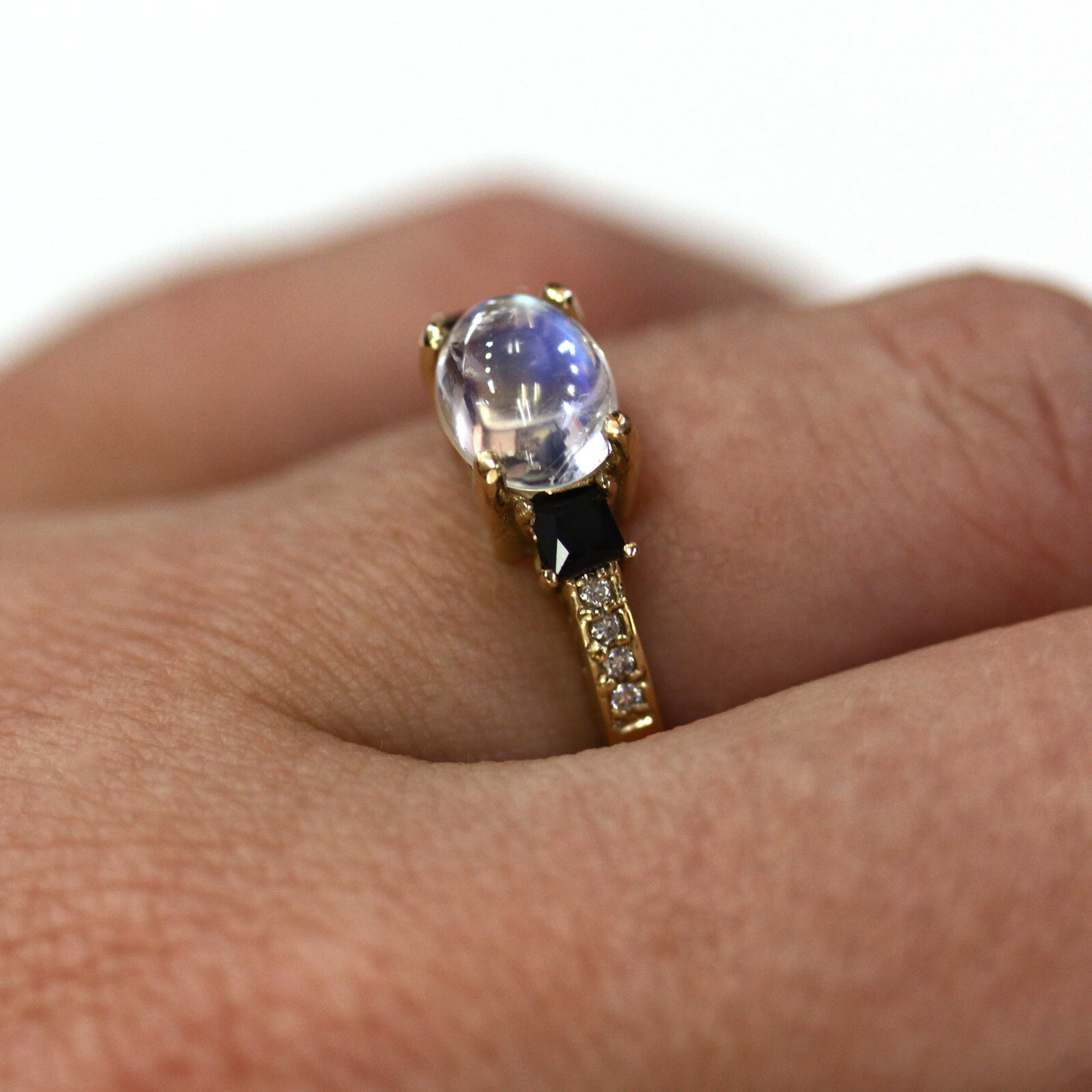 Pre-owned Jewelry By Arsa 2.65 Ctw Natural Moonstone, Sapphire & Diamond Solid 14k Rose Gold 3 Stone Ring In White