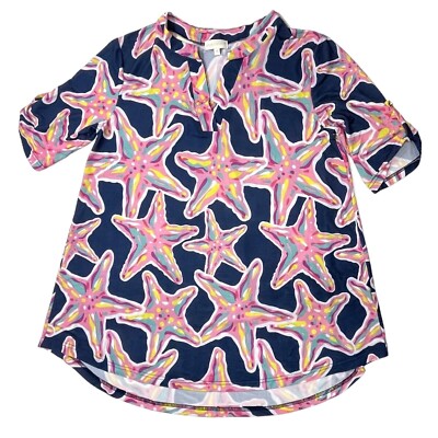 SIMPLY SOUTHERN Starfish Tunic Top Womens Medium Navy Hi-Low V-Nck Strap Sleeves