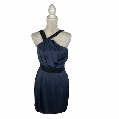 BCBGeneration Navy Blue Cocktail Dress Asymmetrical Straps Draped Banded Waist 8