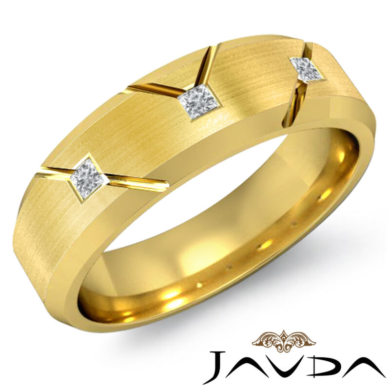 Mens Half Wedding Band 18k Yellow Gold Princess 3stone Diamond Solid Ring 0.20ct