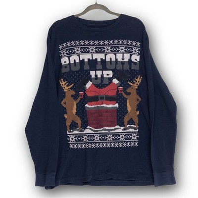 Vintage Dec. 25th Thermal Shirt Mens XL Navy Bottoms Up Santa Christmas GOOD