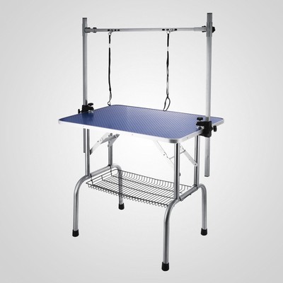 High-Quality Folding Pet Grooming Table, Stainless Legs, Blue Rubber Top, Basket