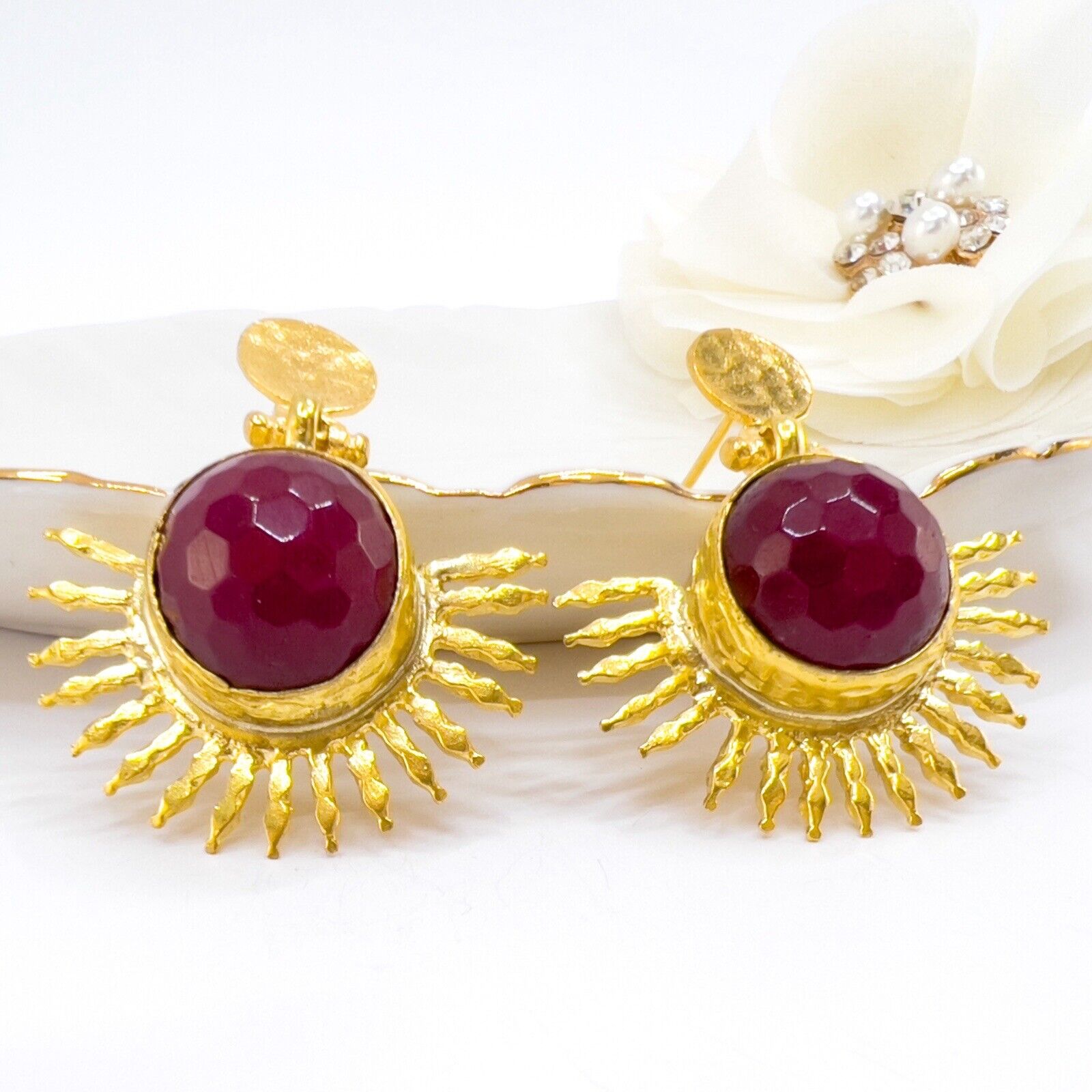 Etruscan Style Ruby Quartz Heavy Gold Plated Sunburst Dangle Earrings New 1.48