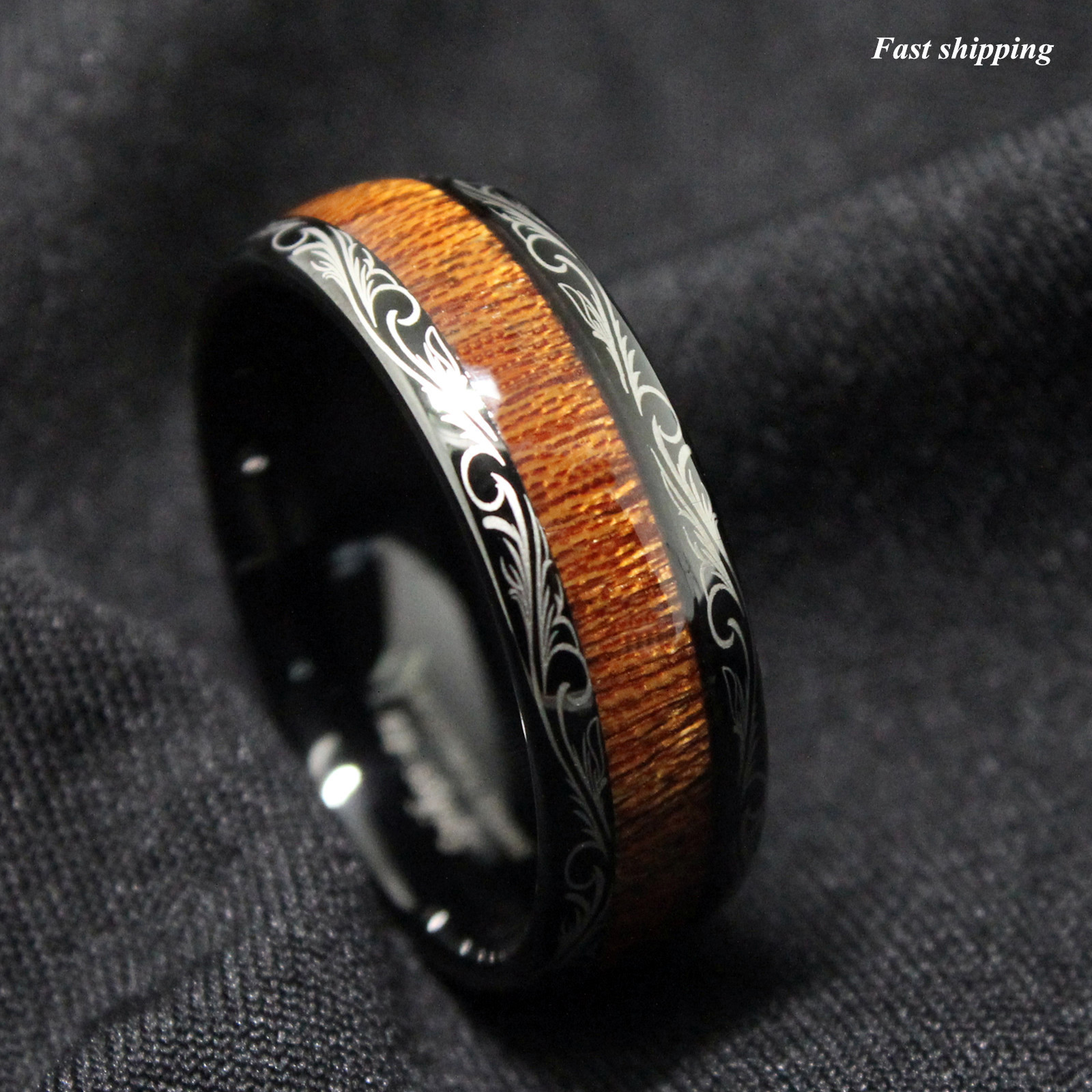 Black Tungsten carbide Ring Koa Wood Inlay Dome Wedding Band ATOP men's jewelry