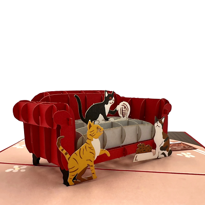 Pop Up Greeting Card - 3D Pop-Up Three Mischievous Cats on The Red Sofa