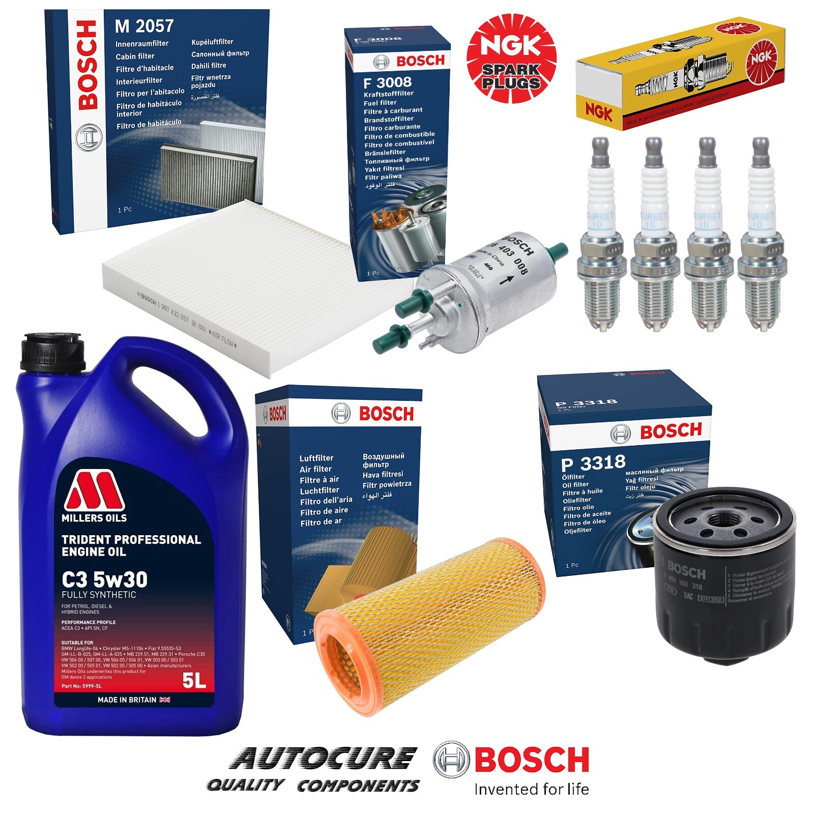 FOR AUDI A2 SE 1.4 MK1 PETROL BOSCH FULL FILTER SERVICE KIT SPARK PLUGS & 5L