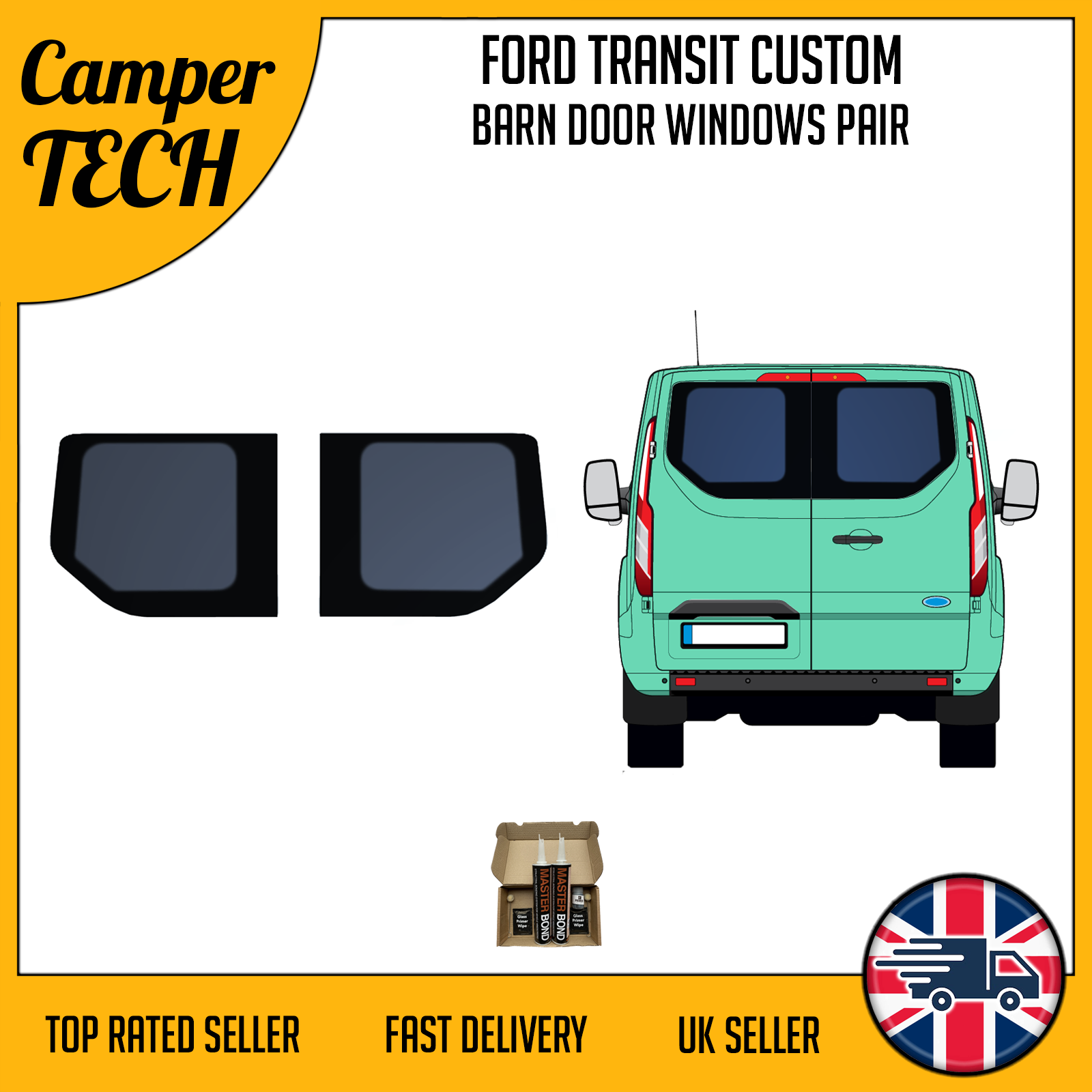 For Transit Custom 2014-2023 Rear Barn Door Windows - PAIR with Bonding Kit