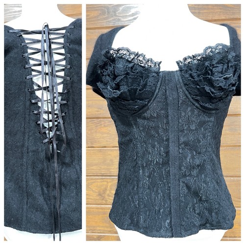 Moda International Corset Top Black Mixed Material Lace