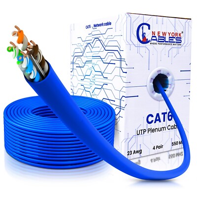 Bulk 1000ft Cat6 Plenum Rated CMP 550Mhz 23AWG UTP Ethernet LAN Cable Blue