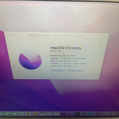 Macbook Air 13 Inch 2017 Core i5 1.8GHZ 8GB 256gb SSD MacOS 12 Monterey