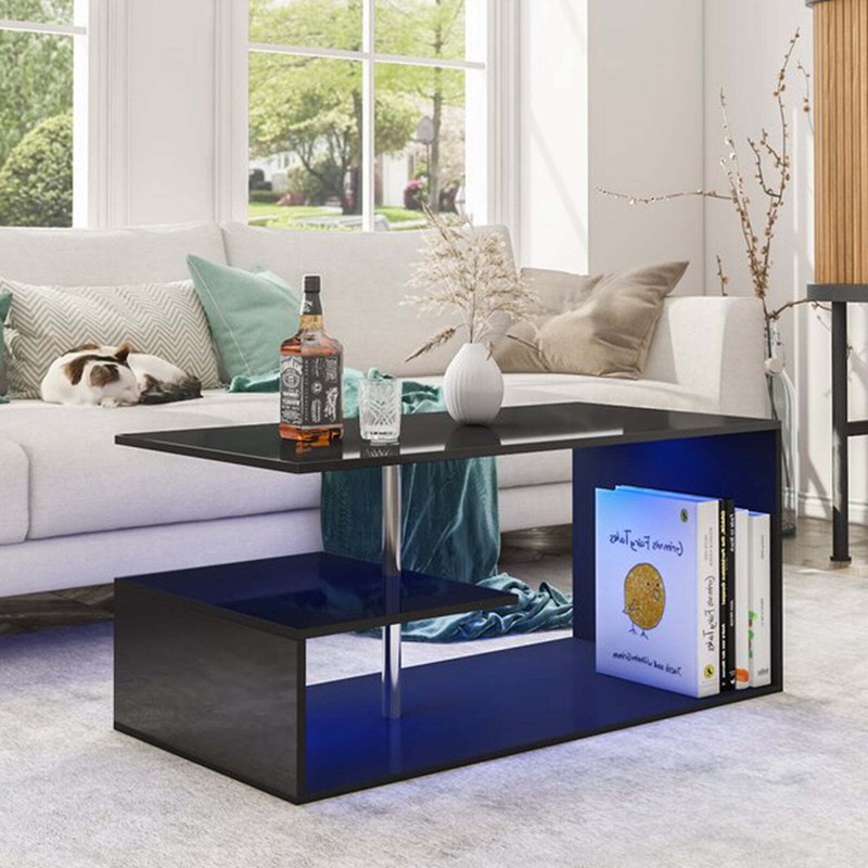 High Gloss Coffee Table Modern LED Lights Living Room Storage Center Cocktail