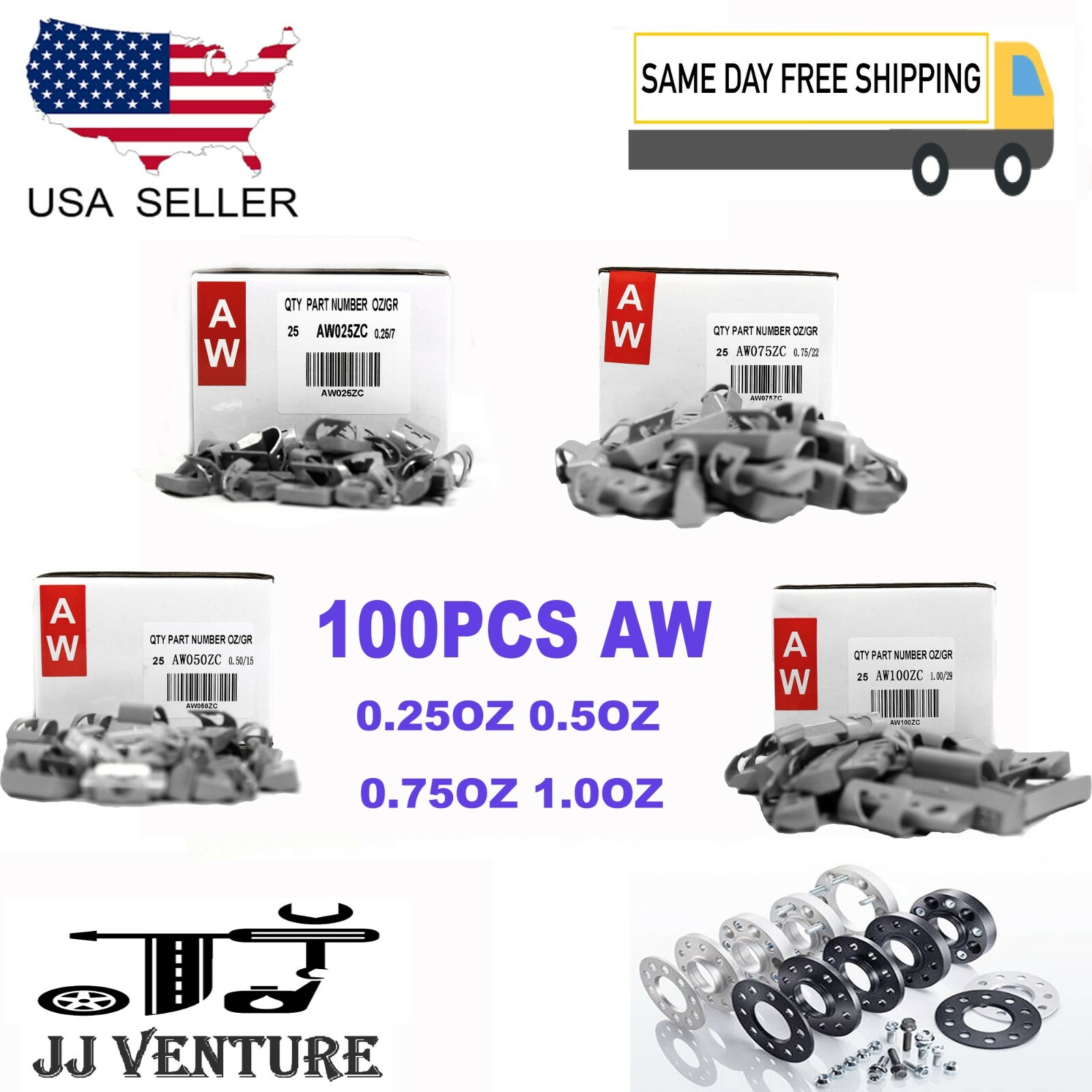 100 Pcs CLIP-ON WHEEL WEIGHT BALANCE AW STYLE .25oz .5oz .75oz 1.0oz