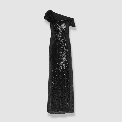 Pre-owned Badgley Mischka $850  Women's Black Off Shoulder Sequin Column Gown Dress Size 8