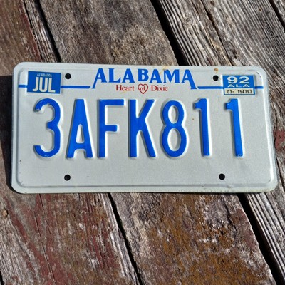 1992 Alabama License Plate - ''3AFK811'' (blue on offwhite) JUL 92 Stickers HEART