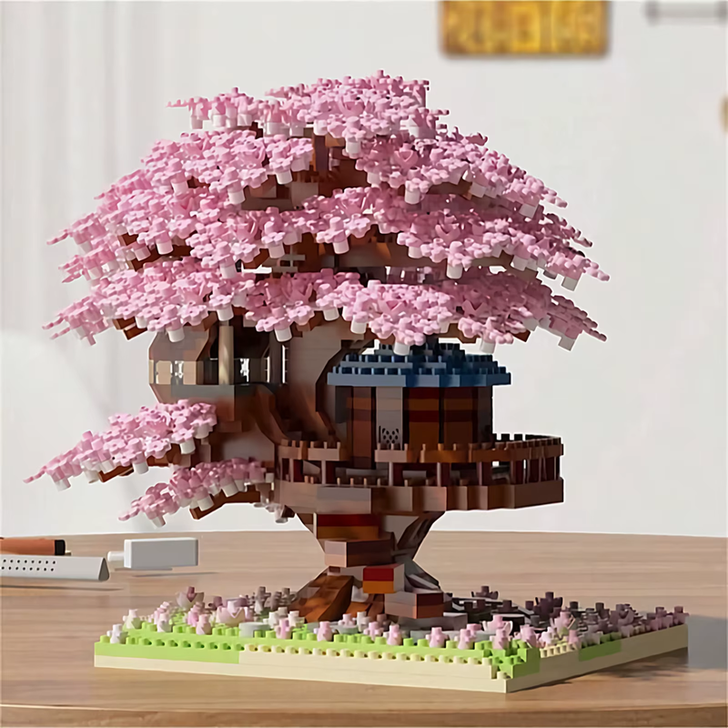 Mini Sakura Tree Building Blocks Set DIY Cherry Blossom Bricks Treehouse Model D