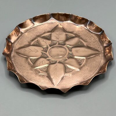 Antique Copper Small Round Tray Embossed Hand Made Hammered Arts & Crafts c1900