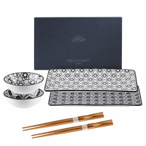 Vancasso Haruka Sushi Set, Porzellan Sushi Teller Soßenschälchen Essstäbchen