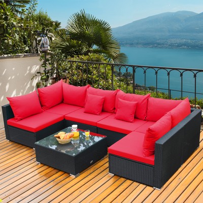 7PCS Patio Rattan Sofa Set Sectional Conversation Furniture Set Garden Red