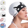 COPOZZ Adult Swim Caps, Silicone Waterproof Comfortable Swimming Cap for Women, Long and Short Hair(Black Cat-12yrs+)