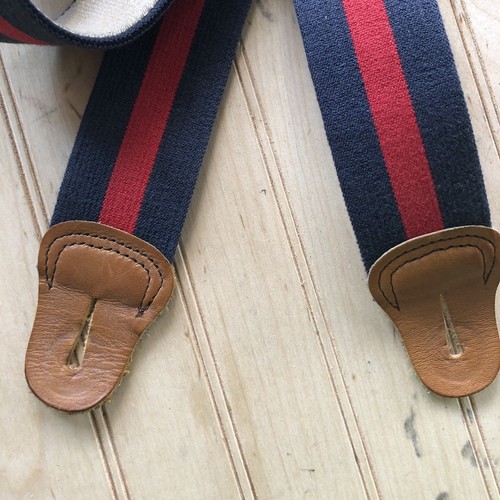 LL Bean Men Large Suspenders Leather Button Tabs Blue Red Striped Elastic