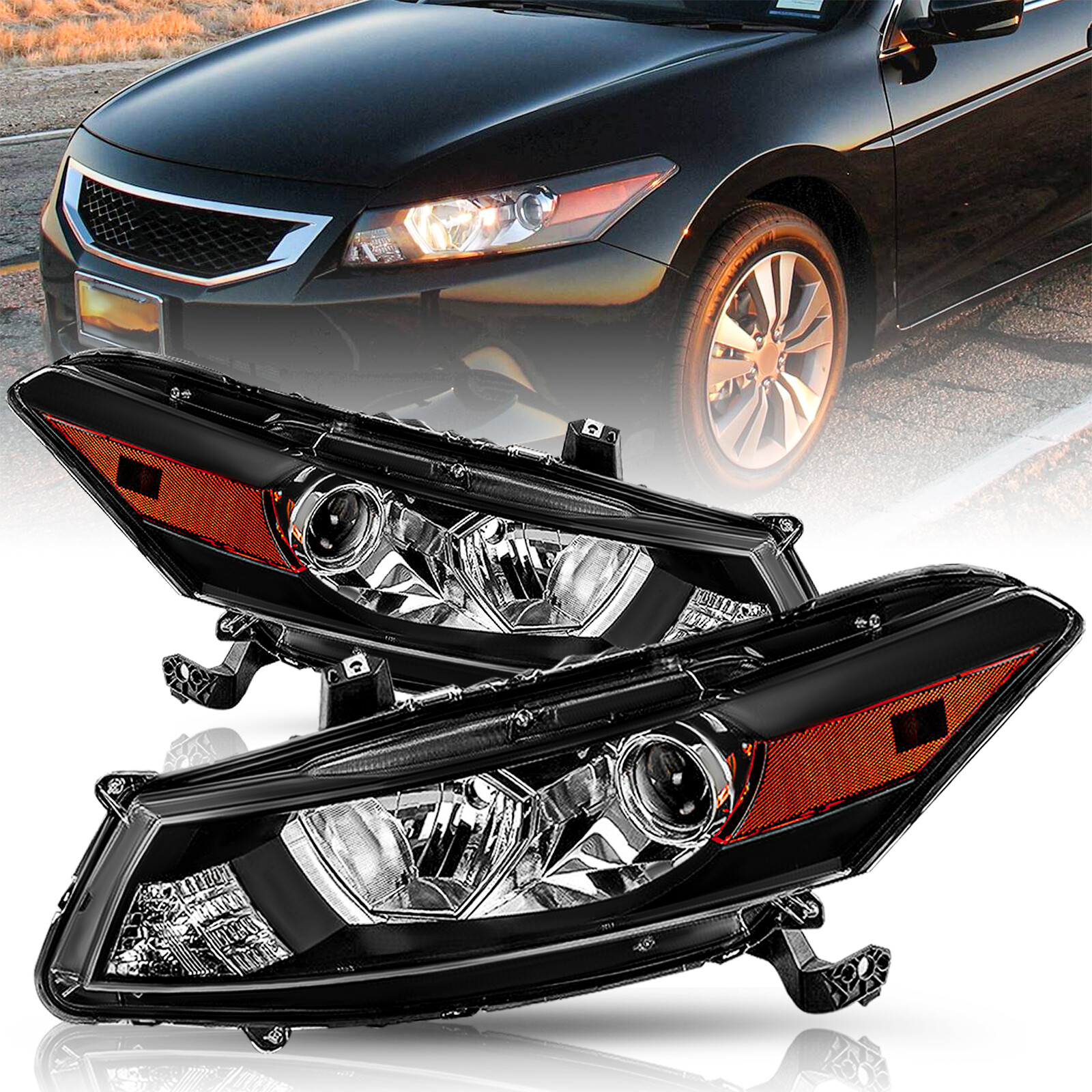 For 2008-2012 Honda Accord Coupe Projector Halogen Headlights Assembly Pair