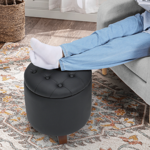 17" Black Round Storage Ottoman Classic PU Leather Lift Top Footstool Wood Legs