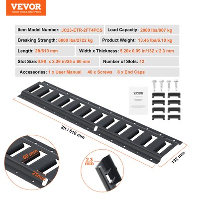 VEVOR E Track Tie Down Rails 4 Pack 2' E-Tracks Power Coated for Cargo Trailers