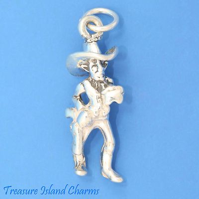 Sheriff with Cowboy Hat and Gun 3D 925 Solid Sterling Silver Charm MADE IN USA