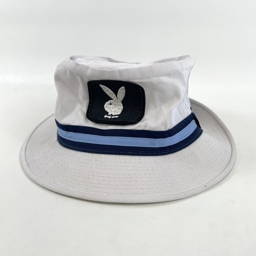 🔥VTG 80s Playboy Bucket Hat White Bunny Logo Korea Stripe