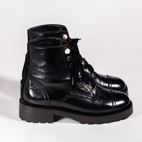 CHANEL Women Ankle Boots Black Leather Lace Up Round Toe