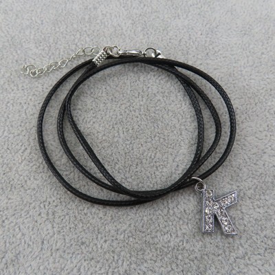 Pemby Studio Rhinestone Initial K Necklace Black Cord Adjustable 20-22''