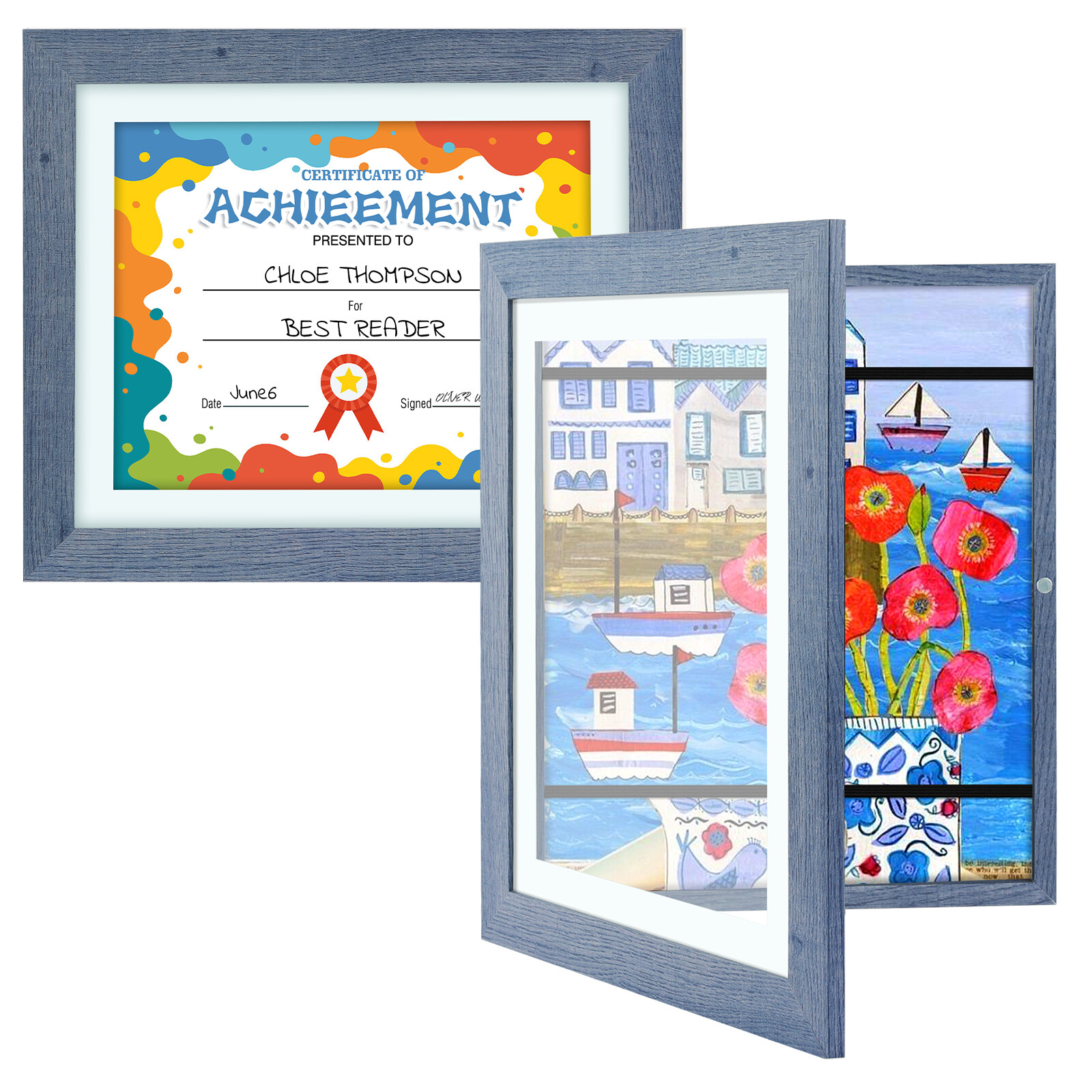 Kids Art Award Frames 10x12.5 Horizontal and Vertical Display Front Opening Blue