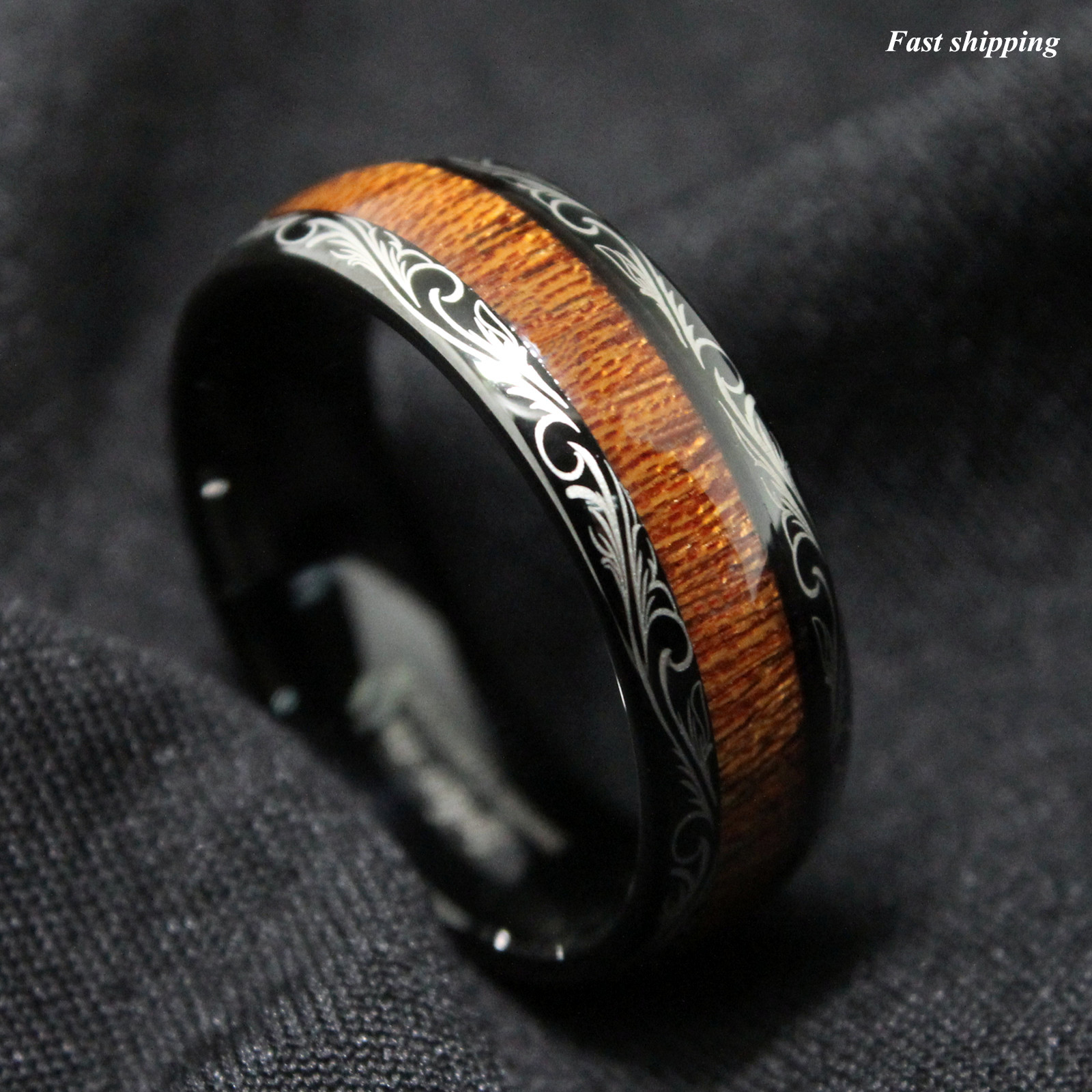 Black Tungsten carbide Ring Koa Wood Inlay Dome Wedding Band ATOP men's jewelry