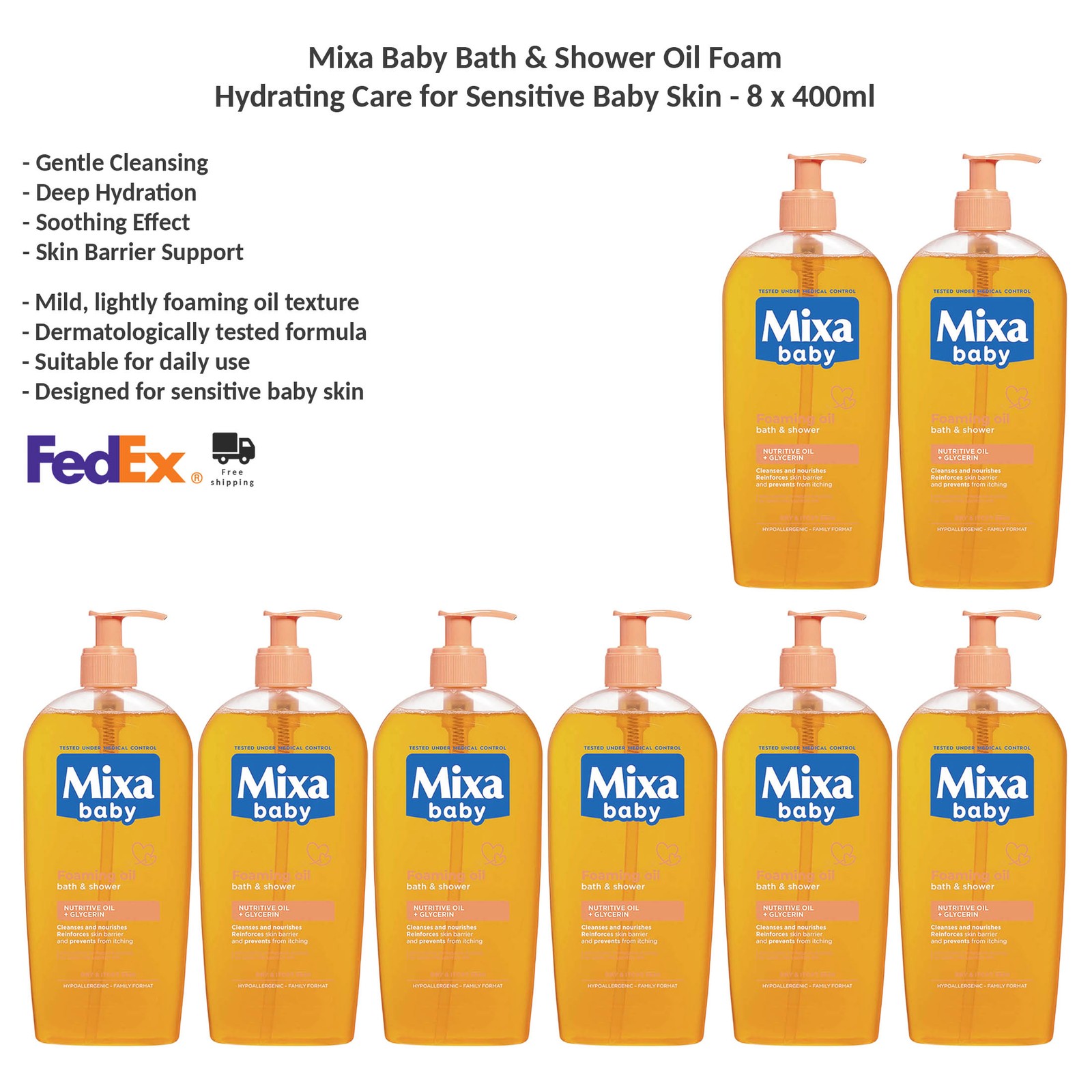 Mixa Baby Bath & Shower Oil Foam Hydrating Care for Sensitive Baby Skin 8x400ml