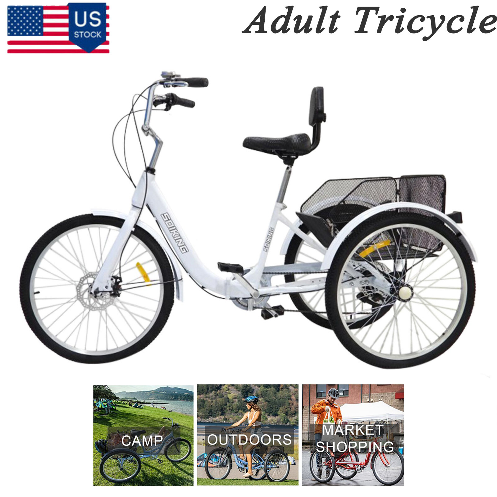 24 Inch 7-Speed Adult Tricycle With Basket For Unisex Elderl