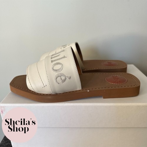Pre-owned Chloé Chloe Woody Logo-embroidered White Leather Slide Sandals Size 37