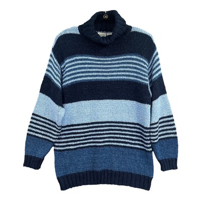 VTG Classic Elements Sweater Womens M Blue Striped Turtleneck Grandmacore 