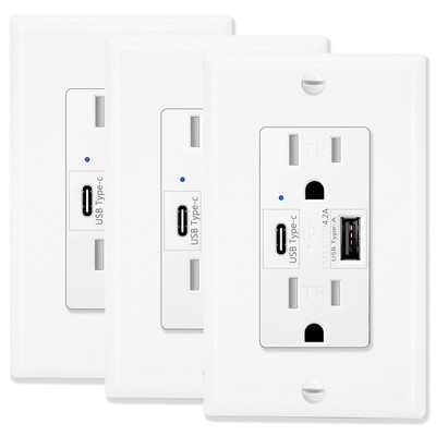 4.2A Type C USB Outlet Charger Tamper-Resistant Receptacle with Plate UL 3 Packs
