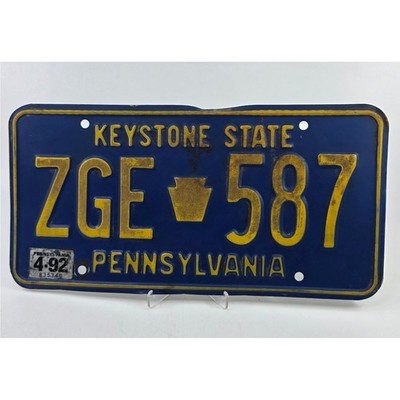 Vintage Pennsylvania License Plate ZGE-587 Keystone State Blue Yellow 1992