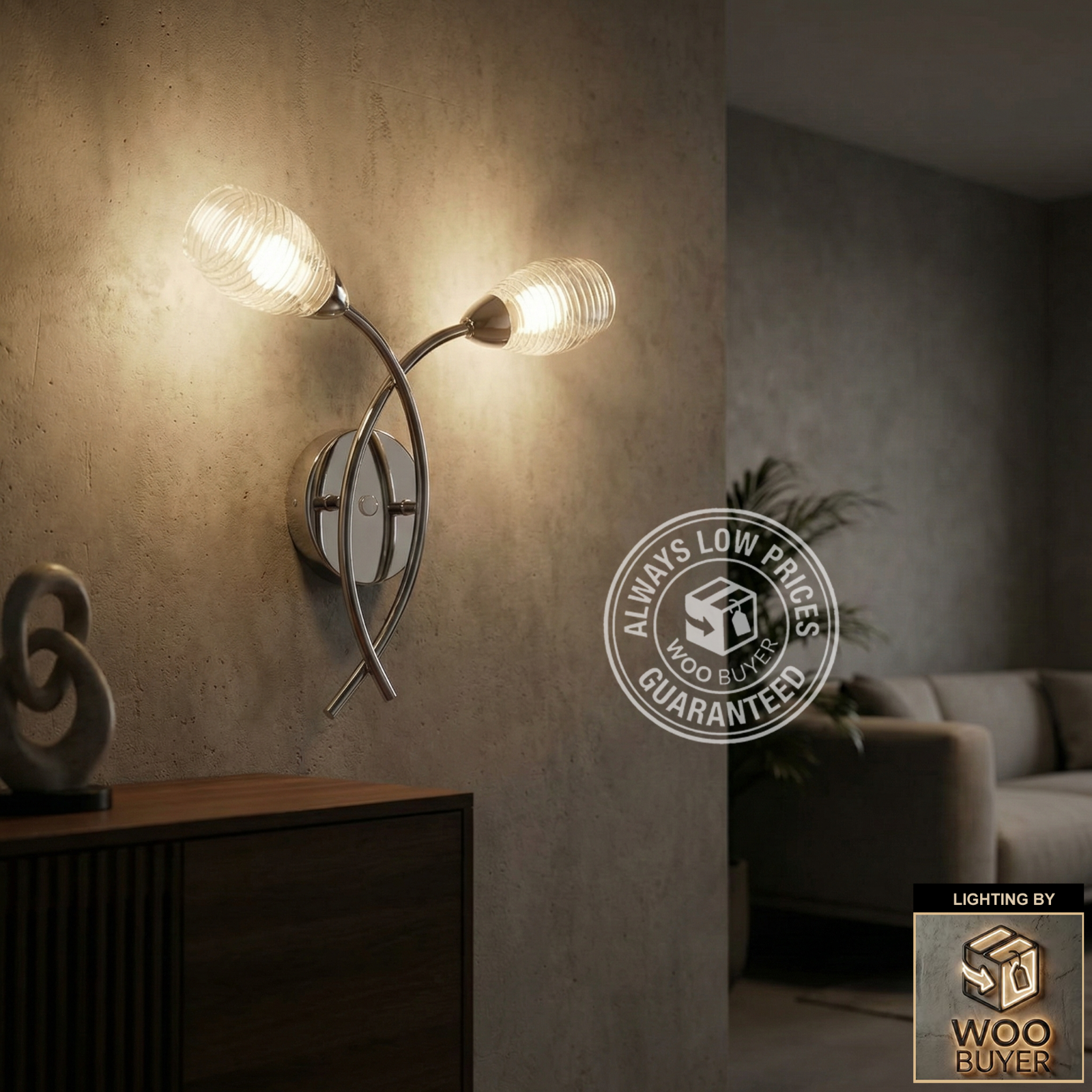 Blake Clear 2 Light wall Light - Clear polished chrome finish spun glass texture