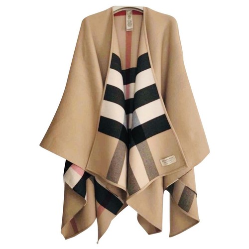 Pre-owned Burberry Camel Check Reversible Solid Cape Poncho Jacket One Size Shawl In Beige