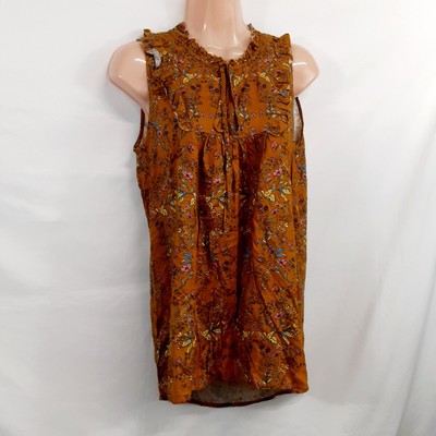 Ro&De Top Blouse Shirt Women Size S Mustard Sleeveless Floral Ruffle Woven