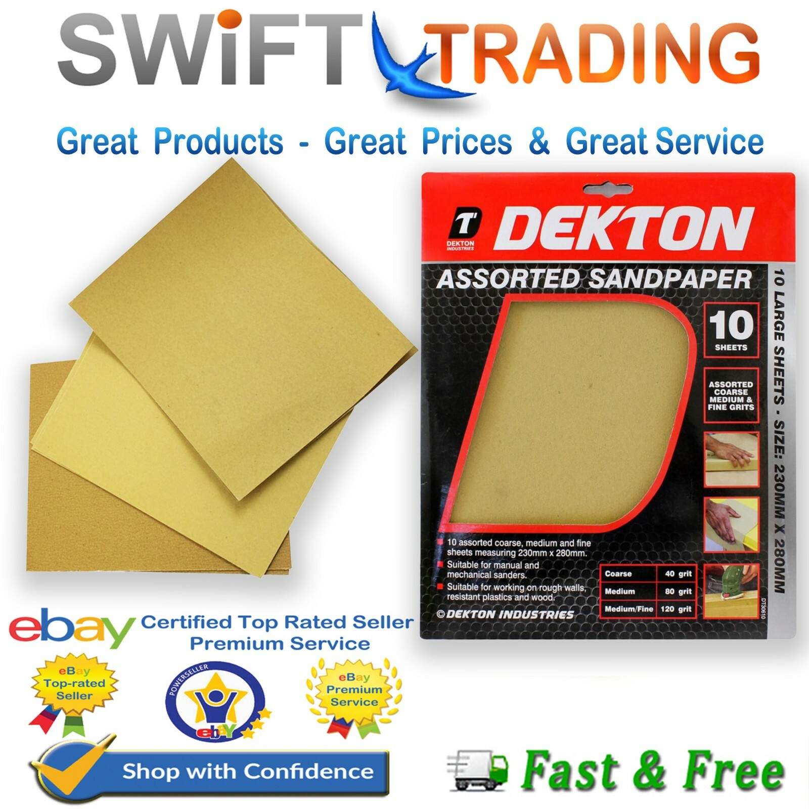 Dekton Assorted Sanding Sheet Sandpaper 40 -120 Grit Pack of 10 sheet 11