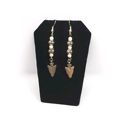 French Hook Earrings Distressed Arrowhead & White Coral Dangle Artisan Made