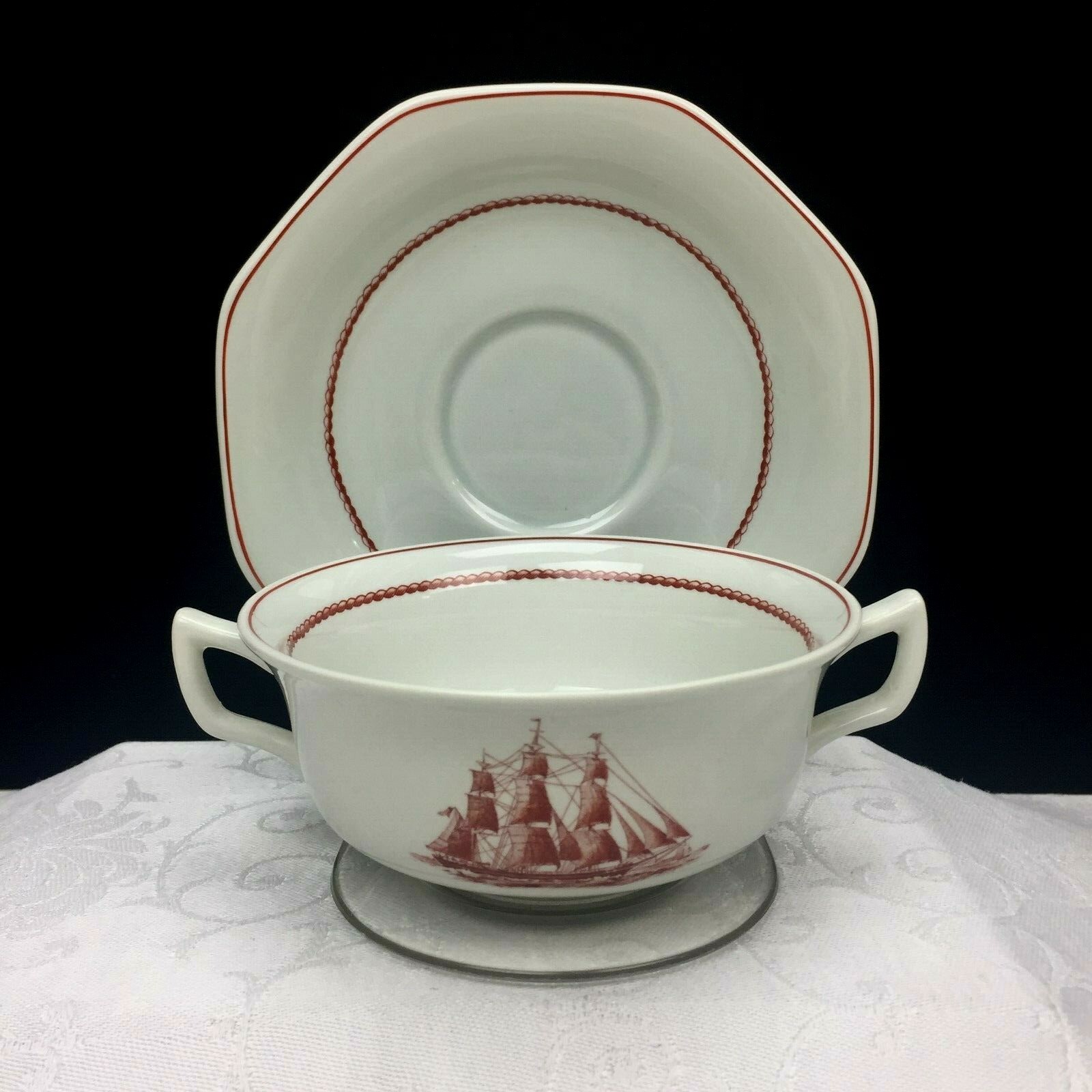 Wedgwood Flying Cloud Rust Cream Soup Bowl & Saucer Set Vintage