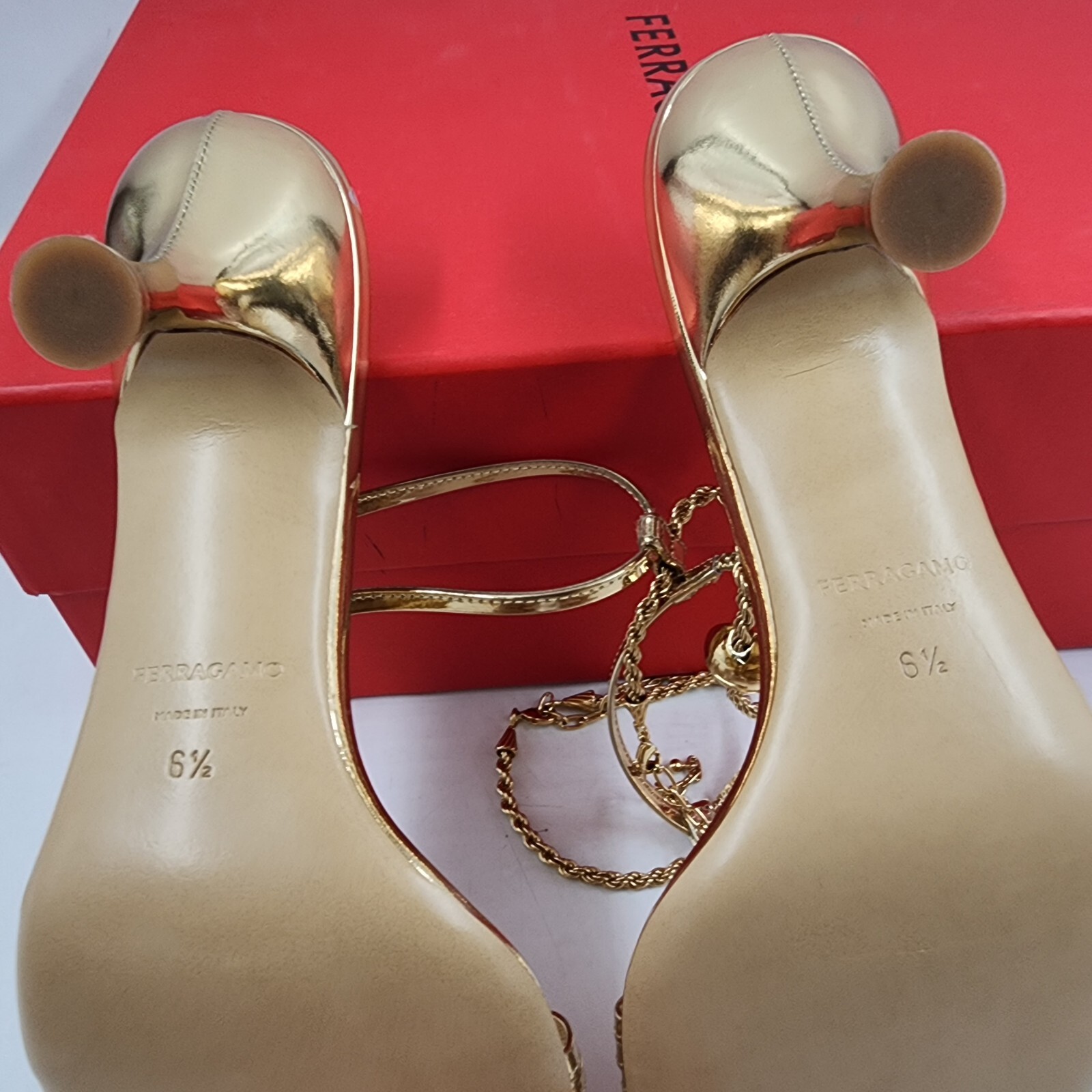 Ferragamo Denise Ankle Chain High Heel Sandals Women's 6.5 Gold Clasp Closure - Picture 7 of 19