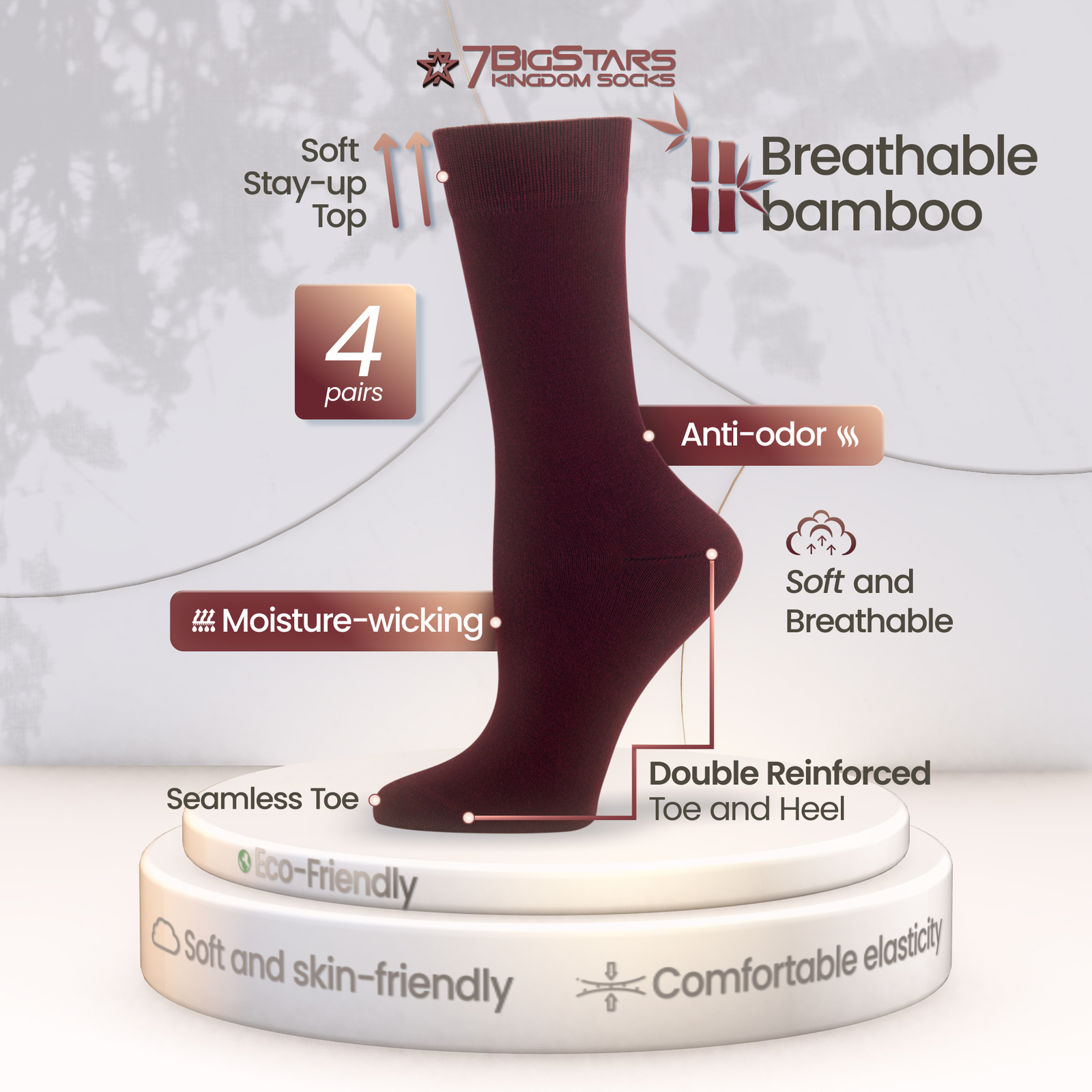 Women's Bamboo 4 Pack Solid Thin Dress Business Crew Socks Medium 9-11 Brown - Picture 2 of 9