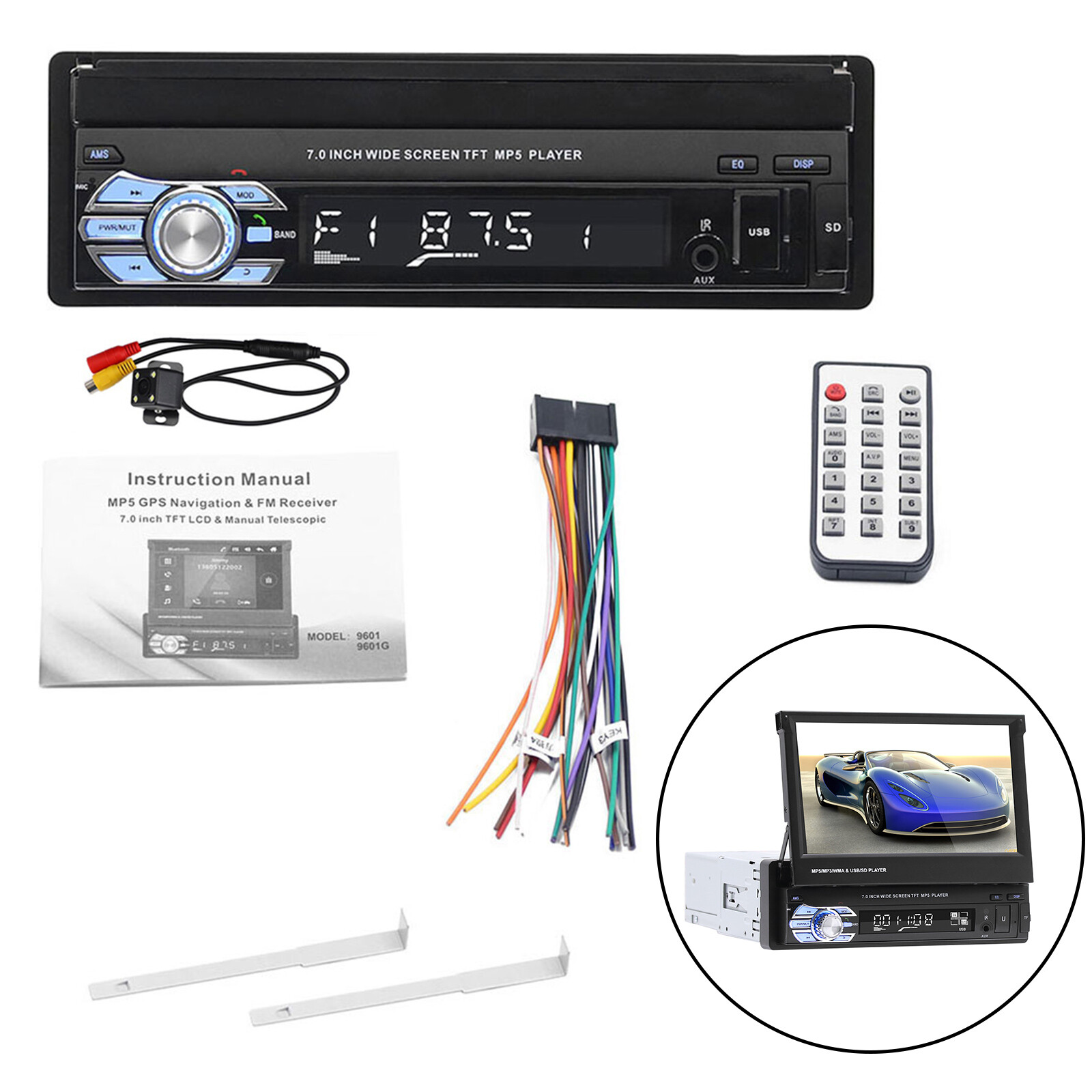 7" 1Din Car Stereo Telescopic Flip Up Head Unit MP5 Player Radio with 4 Camera