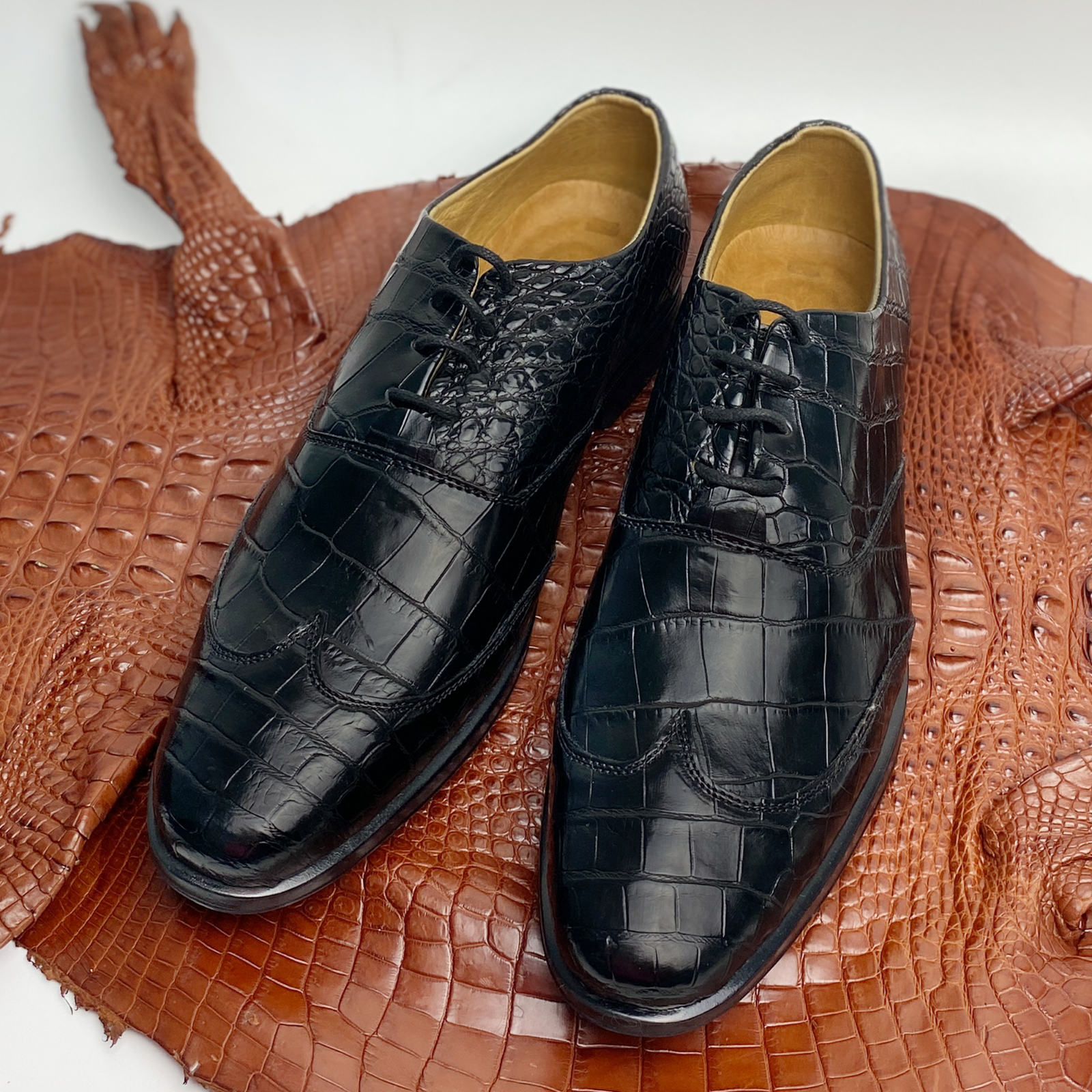 Pre-owned Handmade Black Men Alligator Oxford Shoes Genuine Crocodile Leather Lace-up Brogues